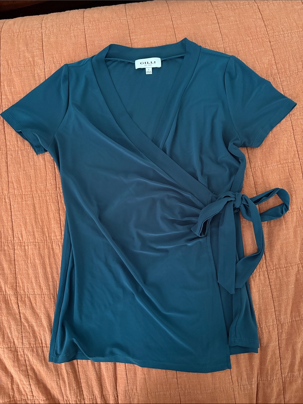 Gilli Deep Teal Short-Sleeve Wrap Top with Side Tie